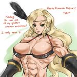  abs amazon_(dragon's_crown) armor bikini_armor blonde_hair breasts circlet dragon's_crown elbow_gloves english feathers gebyy-terar gloves green_eyes hair_feathers large_breasts long_hair muscle muscular_female solo text_focus 