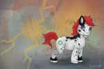  blue_eyes dr_pickelle equine flux flux_(mlp) friendship_is_magic gray_body grey_body hair horse male mammal missing_leg missing_limb my_little_pony original_character pony red_hair simple_background smile solo spotted 