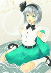  bad_id bad_pixiv_id belt black_hairband bow bowtie bra dress_shirt green_eyes hairband konpaku_youmu konpaku_youmu_(ghost) lingerie ogino_(oginogino) open_mouth see-through shirt short_hair silver_hair sitting skirt solo touhou underwear wariza water wet white_bra 