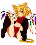  animal_ears black_legwear blonde_hair cat_ears cat_tail fang flandre_scarlet furagu highres kemonomimi_mode navel no_hat no_headwear no_shoes one_eye_closed red_eyes short_shorts shorts smile solo tail thighhighs touhou wings 