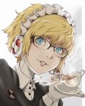  aegis_(persona) bespectacled blonde_hair blue_eyes cup glasses gloves ina_(gokihoihoi) maid maid_headdress over-rim_eyewear persona persona_3 saucer semi-rimless_eyewear short_hair smile solo spilling steam tea teacup 