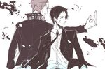  adachi_tooru back-to-back black_hair blood d_dat delinquent formal image_sample injury jacket jacket_on_shoulders looking_away lowres middle_finger monochrome multiple_boys necktie persona persona_4 police short_hair standing suit tatsumi_kanji tumblr_sample 