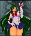  bare_shoulders bishoujo_senshi_sailor_moon black_choker blush bow breasts brown_bow choker collarbone covered_navel covered_nipples earrings elbow_gloves from_below garnet_rod gloves green_hair highres holding holding_staff jewelry large_breasts long_hair meiou_setsuna open_mouth panties red_eyes sailor_pluto sailor_senshi_uniform skirt sleeveless solo sonota_taisei staff tiara underwear very_long_hair weapon white_gloves white_panties 