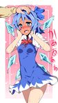  absurdres blue_eyes blue_hair blush bow cirno dress fang full-face_blush hair_bow hand_on_another's_head hands_on_own_face highres ice melting open_mouth oriennto out_of_frame petting short_hair solo_focus touhou wavy_mouth wings 