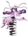  absurdres akase_rai book bow crescent dress full_body hair_bow hat hat_ribbon highres open_book patchouli_knowledge purple_eyes purple_hair ribbon solo striped striped_dress touhou transparent_background vertical_stripes 