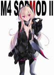  1girl bangs black_jacket black_legwear breasts character_name closed_mouth coat commentary eyebrows_visible_through_hair girls_frontline hair_between_eyes headgear jacket long_hair m4_sopmod_ii_(girls_frontline) mechanical_arm mimelond multicolored_hair open_clothes open_coat partially_unbuttoned pink_hair red_eyes small_breasts smile solo streaked_hair thighhighs 