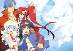  2boys 2girls armlet black_eyes blue_hair boota bracelet cape cloud day flower goggles goggles_on_head hair_flower hair_ornament holding_hands jewelry kamina multicolored_hair multiple_boys multiple_girls nia_teppelin ponytail red_eyes red_hair scarf shirtless simon sky smile suika_soda symbol-shaped_pupils tengen_toppa_gurren_lagann two-tone_hair yellow_eyes yoko_littner 