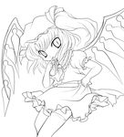  absurdres ascot fang flandre_scarlet greyscale hat highres lineart looking_at_viewer monochrome open_mouth side_ponytail skirt slit_pupils solid_black_thumbnail solo thighhighs touhou transparent_background wings yume_shokunin zettai_ryouiki 