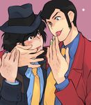  arsene_lupin_iii bad_id bad_pixiv_id beard black_eyes black_hair blush candy facial_hair food glasses jacket jigen_daisuke lollipop lupin_iii male_focus multiple_boys necktie red_jacket toujou_sakana yaoi yellow_neckwear 