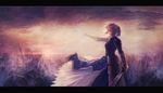  armor artoria_pendragon_(all) battlefield blonde_hair cloud excalibur fate/zero fate_(series) faulds gauntlets green_eyes heiyuen highres letterboxed outstretched_arm saber short_hair sky solo sword weapon 