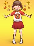  brown_hair closed_eyes doujima_nanako legs outstretched_arms pencil_(enpitsu) persona persona_4 shirt short_twintails skirt smile socks solo standing t-shirt twintails 