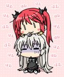  2girls :&lt; :3 =_= ahoge blush_stickers bow chewing chibi cthugha_(nyaruko-san) eating_hair hair_in_mouth hair_ribbon haiyore!_nyaruko-san k10k long_hair mouth_hold multiple_girls nyarlathotep_(nyaruko-san) om_nom_nom red_hair ribbon saliva shaded_face silver_hair skirt twintails v-shaped_eyebrows 
