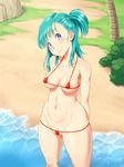  aqua_hair areola_slip areolae arms_behind_back bangs bare_shoulders beach bikini blue_eyes blush breasts breasts_apart bulma bush cameltoe cleavage closed_mouth collarbone covered_nipples cowboy_shot day dragon_ball dragon_ball_(classic) fat_mons grass groin hair_tie head_tilt hips legs_apart light_smile long_hair looking_at_viewer lowleg lowleg_bikini medium_breasts micro_bikini navel ocean one_side_up outdoors palm_tree partially_visible_vulva red_bikini rock shikuta_maru sideboob smile standing strap_gap string_bikini swimsuit thighs tree underboob wading water 