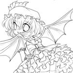  absurdres bat_wings bow dress fangs from_behind greyscale hat highres lineart looking_at_viewer monochrome open_mouth remilia_scarlet ribbon smile solid_black_thumbnail solo touhou transparent_background wings yume_shokunin 