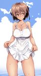  ass_visible_through_thighs blush breasts brown_eyes brown_hair dress dress_lift large_breasts matsuno_canel no_panties original pussy_juice short_dress short_hair skirt sky solo water white_skirt 