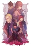  3boys arm_support armlet artist_name asymmetrical_clothes bangs beard belt bleeding blonde_hair blood blue_eyes bow braid brown_eyes brown_hair buckle buttons cape closed_eyes detached_sleeves earrings facial_hair fate/zero fate_(series) fionn_mac_cumhaill_(fate/zero) floral_background flower french_braid fur_collar fur_trim grainne grey_background hair_slicked_back half_updo hand_on_own_chest head_tilt high_collar highres injury jewelry kayneth_el-melloi_archibald kneeling lancer_(fate/zero) long_hair long_sleeves looking_at_viewer looking_down mole mole_under_eye multiple_boys multiple_girls mustache naked_cat nose pants parted_bangs petals pointy_hair puffy_sleeves red_eyes red_hair red_ribbon ribbon rose sad scowl serious shirt short_hair short_sleeves signature simple_background skin_tight sola-ui_nuada-re_sophia-ri standing white_background white_shirt 