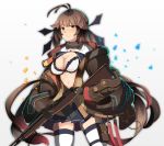  1girl absurdres antenna_hair bag baggy_clothes bangs battle_rifle black_ribbon black_skirt blazer blush bra breasts brown_hair brown_jacket closed_mouth coat cowboy_shot girls_frontline gradient_hair gun hair_ribbon highres holding holding_gun holding_weapon jacket light_particles lingerie long_hair looking_at_viewer lsheng m14 m14_(girls_frontline) medium_breasts mod3_(girls_frontline) multicolored_hair navel neck_ribbon off_shoulder open_clothes open_coat pleated_skirt pouch red_hair ribbon rifle shirt shoes sidelocks skindentation skirt sleeves_past_wrists smile solo stomach thigh_strap thighhighs transparent_background twintails two-tone_hair underwear very_long_hair weapon white_bra white_legwear yellow_eyes zettai_ryouiki 
