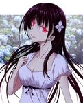  black_hair flower hair_flower hair_ornament hydrangea kaeru_(kaerism) long_hair looking_at_viewer photo_background red_eyes sanka_rea sankarea solo 