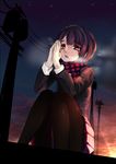  bad_id bad_pixiv_id black_hair black_legwear breath highres night night_sky open_mouth original pantyhose plaid plaid_scarf power_lines praying razu_(rus) red_eyes scarf school_uniform skirt sky solo star_(sky) starry_sky sunset telephone_pole transformer 