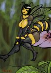  aka6 antennae bee big_breasts black_eyes black_hair breasts corruption_of_champions female flower giant_bee_(coc) hair hornet insect nipples nude sitting solo wings 