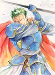  agahari arden_(fire_emblem) armor blue_armor cape fire_emblem fire_emblem:_seisen_no_keifu gauntlets green_hair holding male_focus solo 