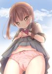  blush bow bow_panties brown_eyes brown_hair cameltoe day from_below highres kiyomiya_ryou long_hair looking_down navel original panties pink_panties school_uniform serafuku skirt skirt_lift sky solo twintails underwear 