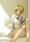  ahoge androgynous bed bed_sheet blonde_hair blue_eyes eleonore_kliesen hair_between_eyes looking_at_viewer mikura_(vvvgknda) naked_shirt parted_lips pillow reverse_trap shirt short_hair solo sunlight tekken tekken_6 