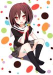  black_legwear blush brown_hair candy food hair_bobbles hair_ornament hairclip lollipop morinaga_koeda no_shoes open_mouth original red_eyes school_uniform short_hair side_ponytail sitting solo takanashi_sora_(soramyon) 