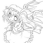  :3 absurdres ascot chibi fang flandre_scarlet greyscale hat highres looking_at_viewer monochrome ribbon side_ponytail smile solid_black_thumbnail solo touhou transparent_background wings yume_shokunin 