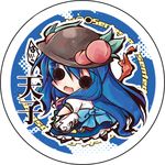  :d blue_hair chibi dress food fruit hat hinanawi_tenshi itotin long_hair o_o open_mouth peach smile solid_circle_eyes solo sword_of_hisou touhou translation_request 