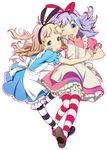  alice_(wonderland) alice_in_wonderland apron aqua_eyes black_ribbon blonde_hair bloomers dress dual_persona frills full_body hair_ribbon holding_hands long_hair looking_at_viewer mary_janes mattaku_mousuke multiple_girls one_eye_closed purple_hair red_ribbon ribbon shoes simple_background smile striped striped_legwear thighhighs underwear white_background 