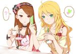  ? ahoge bad_id bad_pixiv_id blonde_hair brown_eyes brown_hair cellphone choker coffee green_eyes hairband heart hoshii_miki idolmaster idolmaster_(classic) long_hair minase_iori minatsuki_randoseru multiple_girls off_shoulder open_mouth phone smile spoken_heart starbucks stuffed_animal stuffed_bunny stuffed_toy wristband 