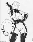  black black_and_white bottomless breasts clothed clothing collar eyewear feline female garter_straps gnaw hair half-dressed hazel_weiss leash leather legwear librarian lion looking_at_viewer mammal monochrome nipples pussy short_hair solo stockings 