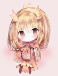  1girl :o antenna_hair bangs blonde_hair blush brown_background brown_legwear chibi cottontailtokki eyebrows_visible_through_hair full_body hair_between_eyes hand_up head_tilt long_hair long_sleeves neck_ribbon original pantyhose parted_lips red_eyes red_shirt ribbon shirt skirt sleeves_past_fingers sleeves_past_wrists solo standing very_long_hair yellow_footwear yellow_ribbon yellow_skirt 