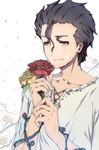 ahoge bad_id bad_pixiv_id black_hair celtic fate/zero fate_(series) flower lancer_(fate/zero) male_focus mole mole_under_eye plant red_flower red_rose rose solo tears vines y_xin yellow_eyes yellow_flower yellow_rose 
