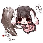  :3 animal_ears black_hair blood bunny bunny_ears carrot chibi holding inaba_tewi itotin lowres o_o simple_background solid_circle_eyes solo striped touhou translation_request white_background 