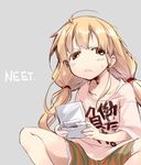  annoyed blonde_hair blush clothes_writing d: futaba_anzu grey_background handheld_game_console idolmaster idolmaster_cinderella_girls long_hair matsuno_canel neet nintendo_3ds open_mouth playing_games shirt shorts simple_background sitting solo t-shirt text_focus twintails v-shaped_eyebrows yellow_eyes you_work_you_lose 