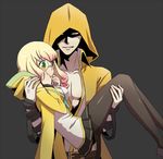  1girl arin66 black_legwear blazblue blonde_hair carrying clenched_teeth coat curly_hair glasses green_eyes hazama hood pantyhose princess_carry round_eyewear short_hair shy skirt teeth trinity_glassfield yellow_eyes 