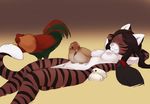  avian bird breasts brown_hair cat chick chicken cute eyes_closed feline female hair hay jailbird lying mammal nude on_back remmmy rooster simple_background sleeping stripes 