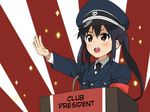  black_hair blush hard_translated hat k-on! military military_uniform nakano_azusa nazi open_mouth peaked_cap podium pu-chin red_eyes salute solo sparkle translated twintails uniform 