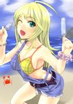  ahoge bad_id bad_pixiv_id belt bikini_top blonde_hair breasts cleavage food green_eyes hoshii_miki idolmaster idolmaster_(classic) long_hair medium_breasts one_eye_closed overalls popsicle strap_slip swimsuit yuu_(archaic_smile) 