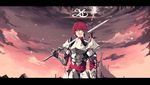  adol_christin armor bad_id bad_pixiv_id brown_eyes castle copyright_name fingerless_gloves gloves male_focus over_shoulder red_hair smile solo sword weapon yohan12 ys 