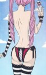  ass bare_back black_panties blue_sky bow cloud cloudy_sky day fishnet_panties ghost gloves head_out_of_frame one_piece panties perona pink_hair short_twintails side-tie_panties single_glove sky solo string_panties striped striped_legwear topless twintails underwear 