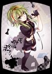  black_legwear board_game chess goggles goggles_on_head green_eyes green_hair gumi hatsuko looking_at_viewer looking_up short_hair shorts solo song_name thighhighs vocaloid 
