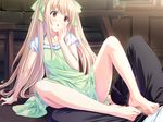  1girl arm_support barefoot blonde_hair breasts censored couch d: dress feet footjob game_cg hair_ribbon hetero hinata_terrace kajiwara_hina long_hair marui_(koedame) mosaic_censoring on_floor open_mouth penis ribbon sitting small_breasts two_side_up very_long_hair 