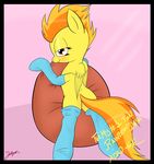  2012 autograph blush butt dashboom english_text equine eyewear female friendship_is_magic hair horse long_hair looking_at_viewer looking_back multi-colored_hair my_little_pony nude pegasus pony smile solo spitfire_(mlp) stockings wings wonderbolts_(mlp) 