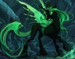  black_fur changeling chrysalis equine fangs female feral fire friendship_is_magic fur green_eyes green_hair hair horn horse ladyavali magic mammal my_little_pony queen queen_chrysalis_(mlp) royalty solo wings 