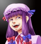  black_background bow hair_bow hat highres long_hair naniwadou open_mouth patchouli_knowledge purple_eyes purple_hair sidelocks simple_background smile solo touhou troll_face upper_body 