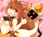  2girls animal_ears arc_system_works blazblue blazblue:_continuum_shift blush breasts brown_eyes brown_hair car_ears cat_ears cat_tail hood makoto_nanaya midriff multiple_girls navel open_mouth red_eyes squirrel_tail tail taokaka tongue 