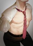  1boy adonis_belt arms_behind_back belt brown_pants gradient gradient_background grey_background head_out_of_frame highres male_focus necktie nipples open_clothes open_shirt original pants pectorals red_neckwear salaryman shirt simple_background solo striped striped_neckwear wadani_hitonori white_shirt 